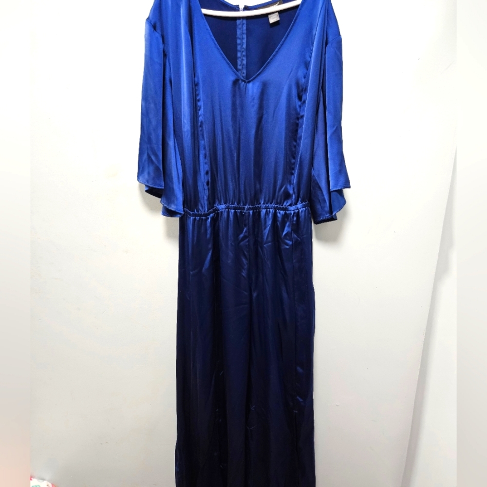 Dark blue satin plus size tall jumpsuit.